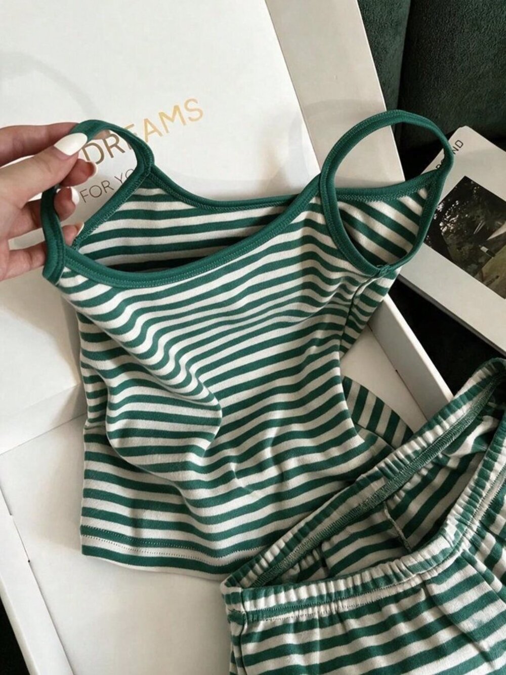 Green Casual Women's Striped Colorblock Camisole Top And Shorts Vacation Set
